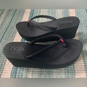 Flojos Black Braided Strap Wedges- Like New! Size 6-7
